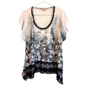 Live And Let Live Lace Trim Butterfly Print Top Short Sleeve XL Y2K Fairycore